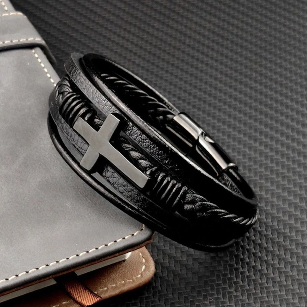 Men's Leather Braided Bracelet Bangle Titanium Steel Cross Charm